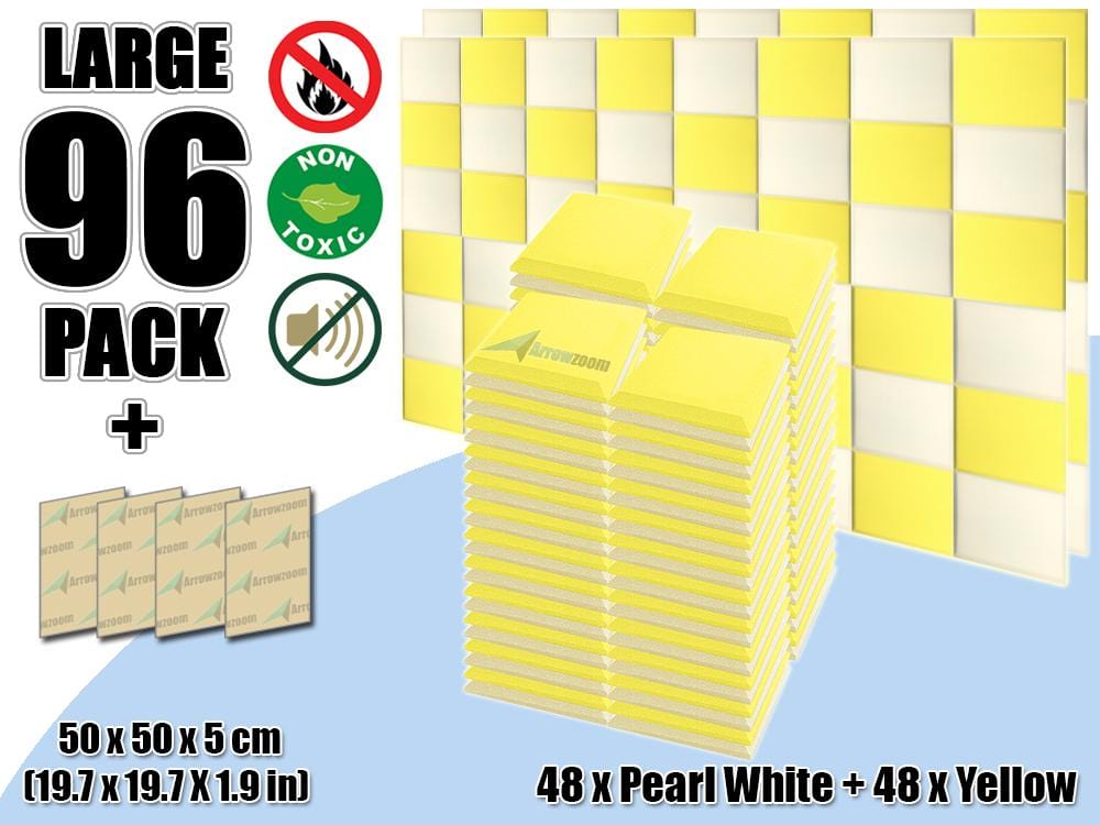 New 96 pcs Pearl White & Yellow Bundle Flat Bevel Tile Acoustic Panels Sound Absorption Studio Soundproof Foam KK1039