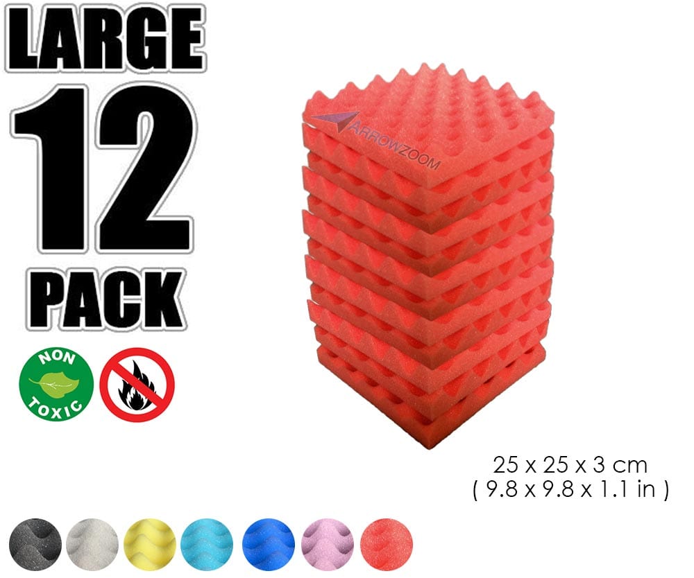New 12 Pcs Bundle Egg Crate Convoluted Acoustic Tile Panels Sound Absorption Studio Soundproof Foam KK1052 Red / 25 X 25 X 3 cm (9.8 X 9.8 X 1.1 in)