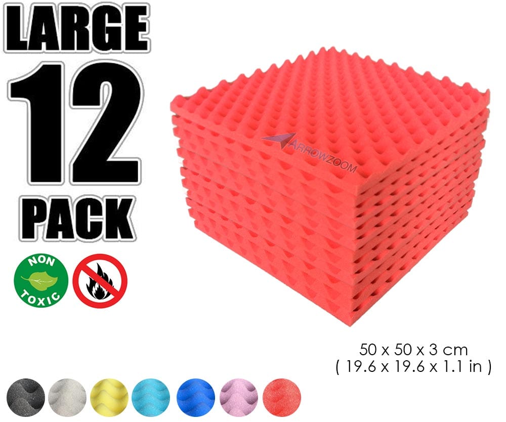 New 12 Pcs Bundle Egg Crate Convoluted Acoustic Tile Panels Sound Absorption Studio Soundproof Foam KK1052 Red / 50 X 50 X 3 cm (19.6 X 19.6 X 1.1 in)