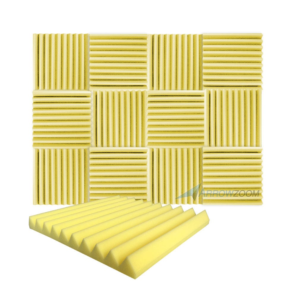 Arrowzoom Acoustic Wedge Tiles Foam - Solid Colors - KK1134 Yellow / 12 Pieces - 50 x 50 x 5 cm / 20 x 20 x 2 in