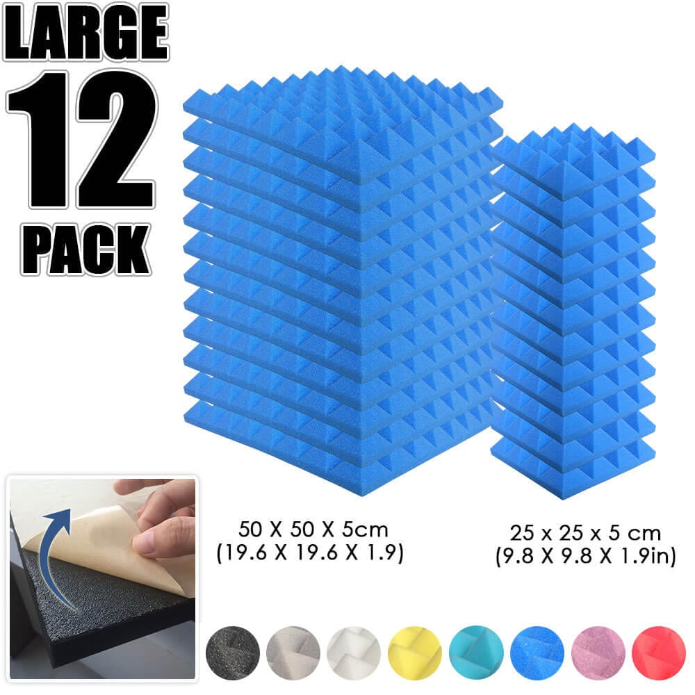 Arrowzoom Pyramid Adhesive Backed Tiles Series Acoustic Foam - Solid Colors - KK1053 Blue / 12 Pieces - 25 x 25 x 5 cm/ 10 x 10 x 2in