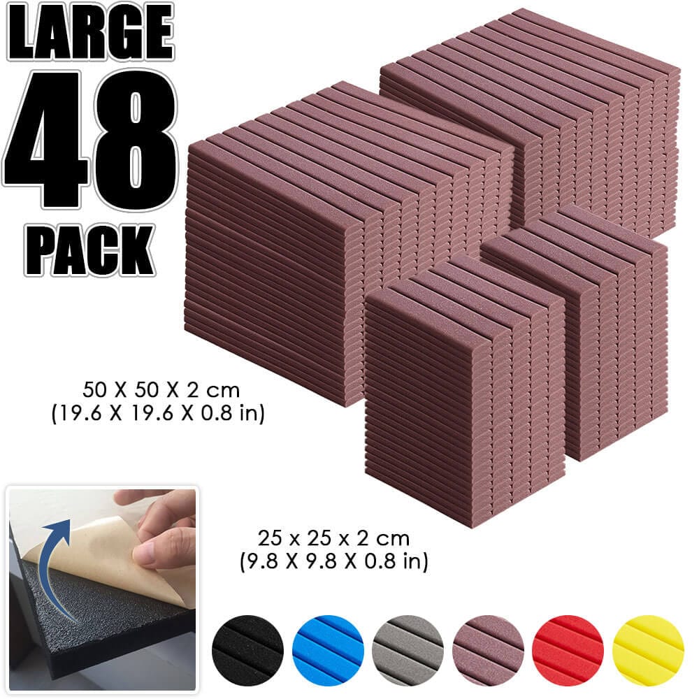 Arrowzoom Flat Wedge Adhesive Backed Tiles Series Acoustic Foam - Solid Colors - KK1054 Burgundy / 48 Pieces - 25 X 25 X 5 cm/ 10 x 10 x 2in