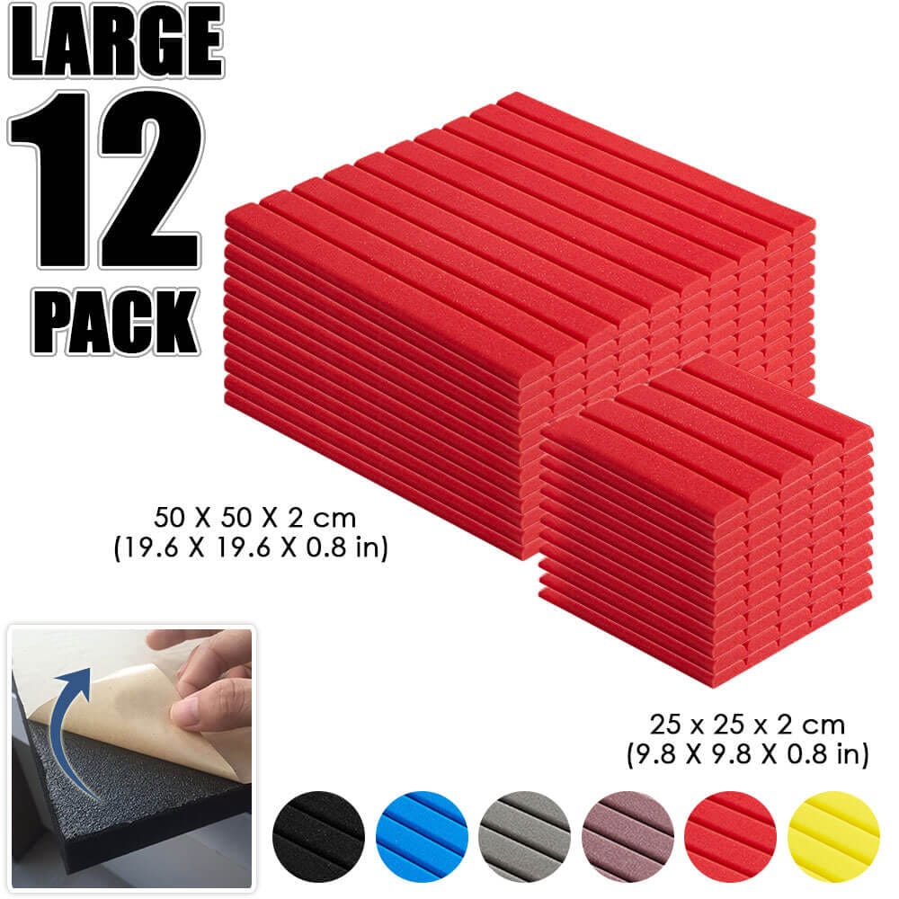 Arrowzoom Flat Wedge Adhesive Backed Tiles Series Acoustic Foam - Solid Colors - KK1054 Red / 12 Pieces - 25 x 25 x 5 cm/ 10 x 10 x 2in