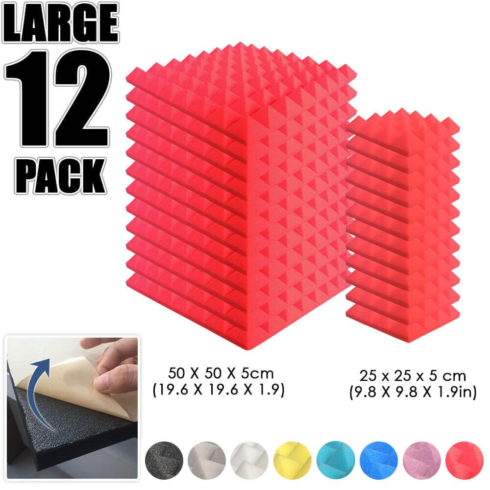 Arrowzoom Pyramid Adhesive Backed Tiles Series Acoustic Foam - Solid Colors - KK1053 Red / 12 Pieces - 25 x 25 x 5 cm/ 10 x 10 x 2in