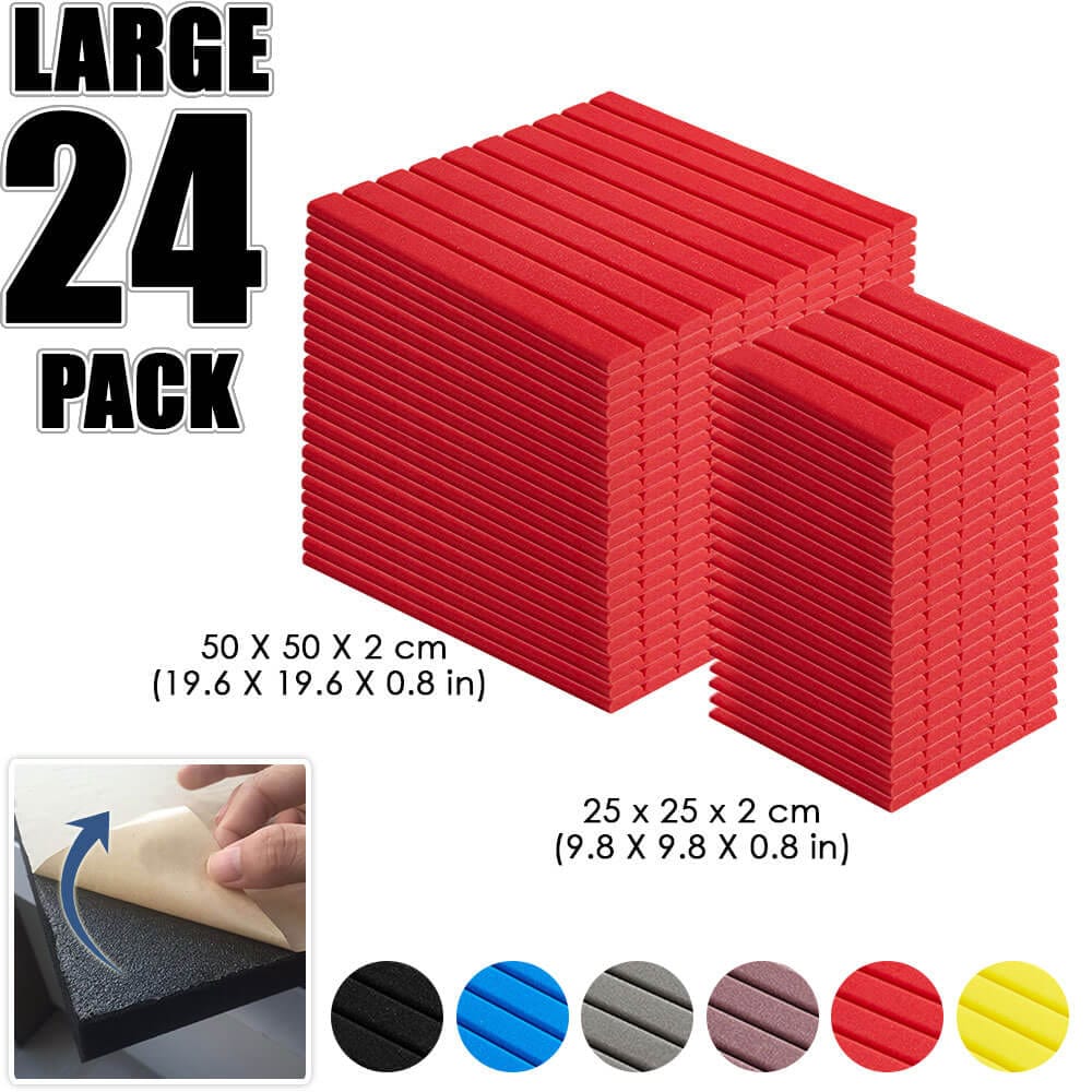Arrowzoom Flat Wedge Adhesive Backed Tiles Series Acoustic Foam - Solid Colors - KK1054 Red / 24 Pieces - 25 X 25 X 5 cm/ 10 x 10 x 2in
