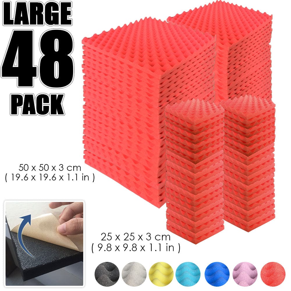 Arrowzoom Egg Crate Adhesive Backed Series Acoustic Foam - Solid Colors - KK1219 Red / 48 Pieces 25 x 25 x 3cm /9.8 X 9.8 X 1.1 in
