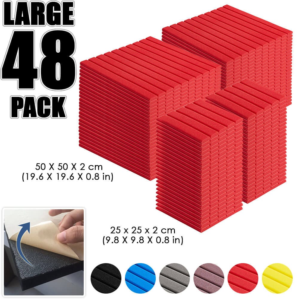 Arrowzoom Flat Wedge Adhesive Backed Tiles Series Acoustic Foam - Solid Colors - KK1054 Red / 48 Pieces - 25 X 25 X 5 cm/ 10 x 10 x 2in