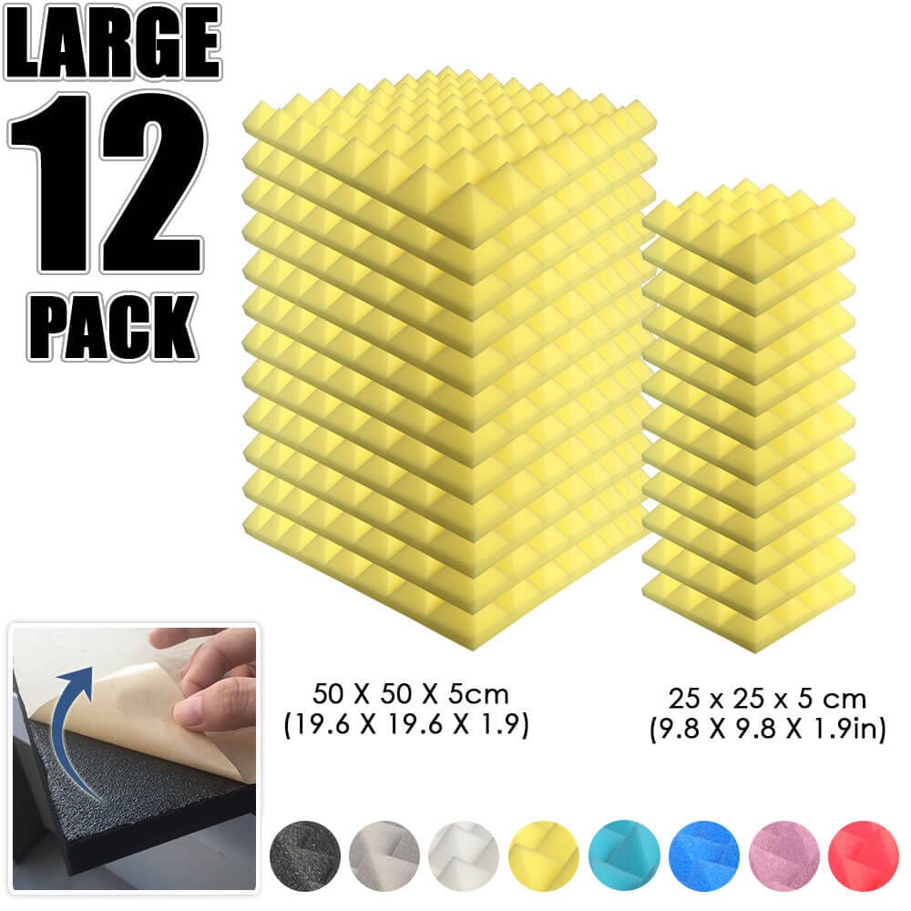 Arrowzoom Pyramid Adhesive Backed Tiles Series Acoustic Foam - Solid Colors - KK1053 Yellow / 12 Pieces - 25 x 25 x 5 cm/ 10 x 10 x 2in