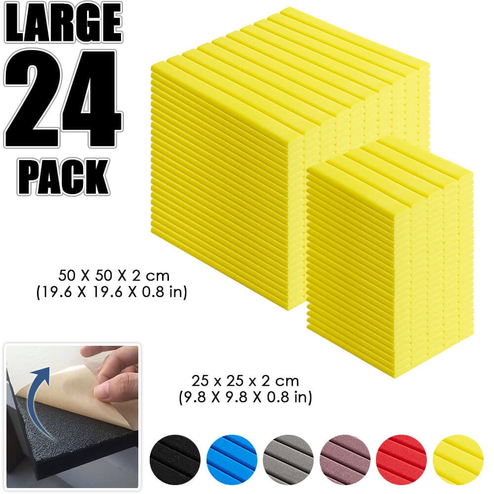 Arrowzoom Flat Wedge Adhesive Backed Tiles Series Acoustic Foam - Solid Colors - KK1054 Yellow / 24 Pieces - 25 X 25 X 5 cm/ 10 x 10 x 2in