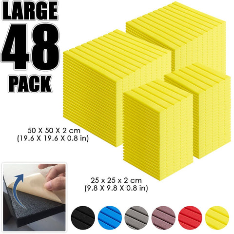 Arrowzoom Flat Wedge Adhesive Backed Tiles Series Acoustic Foam - Solid Colors - KK1054 Yellow / 48 Pieces - 25 X 25 X 5 cm/ 10 x 10 x 2in