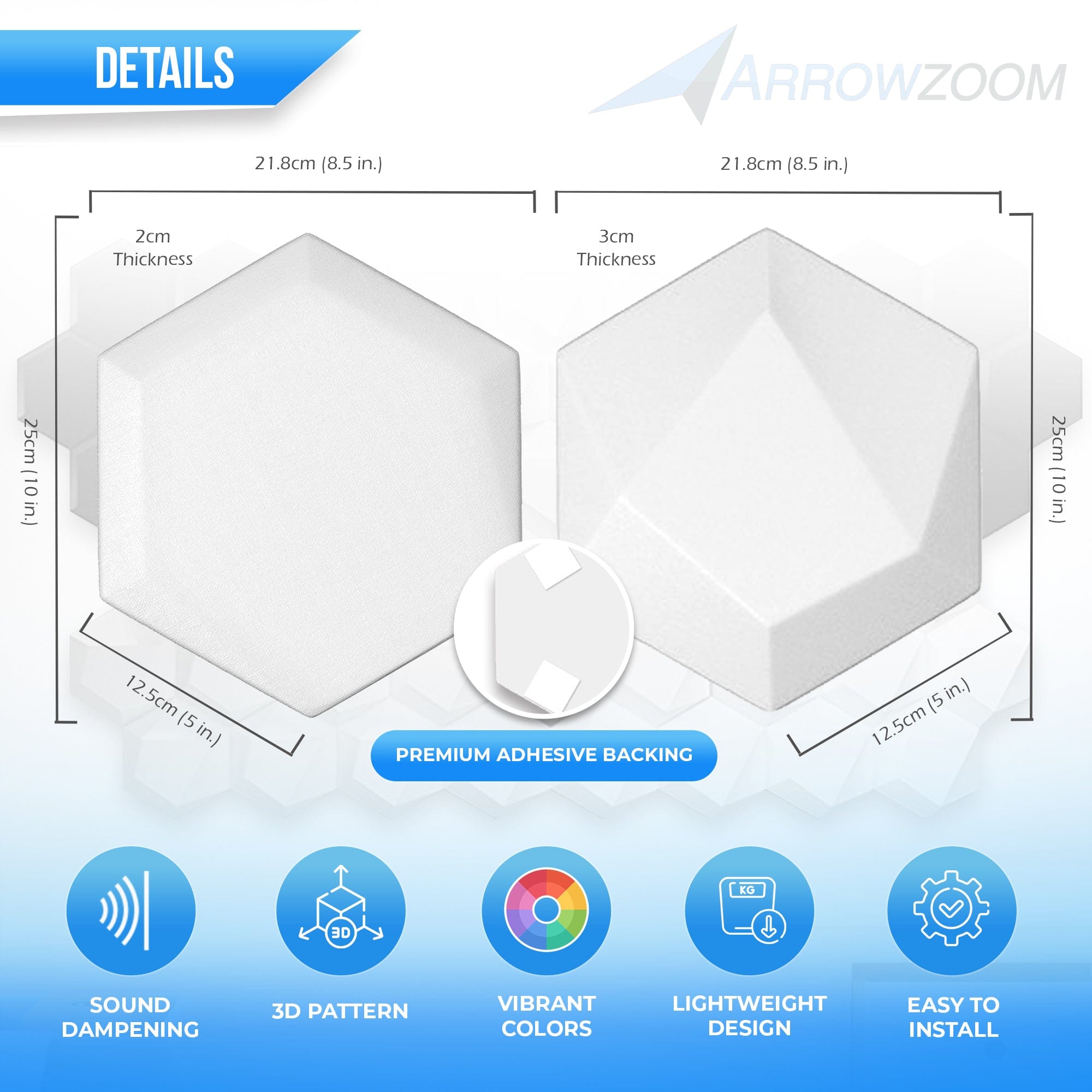Arrowzoom 12 Pcs 3D Hexagon Adhesive Sound Absorbing Panels - KK1330